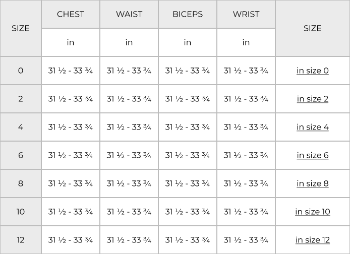 Man’s armor size chart
